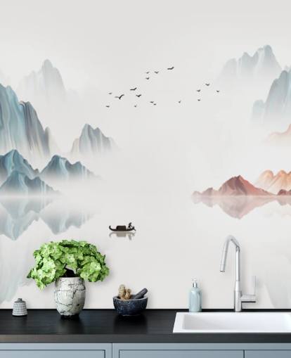 blue and white oriental mural called Blue Chinese Landscape for bedrooms, living rooms and dining rooms
