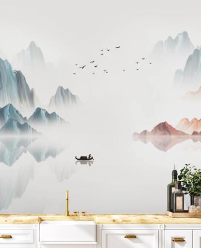 blåt og hvidt orientalsk vægmaleri kaldet Blue Chinese Landscape til soveværelser, stuer og spisestuer