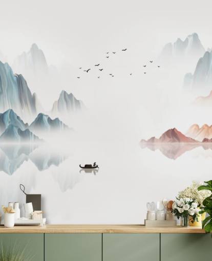 murale orientale blu e bianco chiamato Blue Chinese Landscape per camere da letto, salotti e sale da pranzo