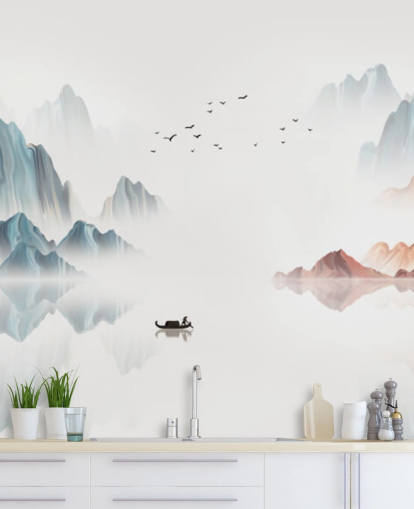 blue and white oriental mural called Blue Chinese Landscape for bedrooms, living rooms and dining rooms