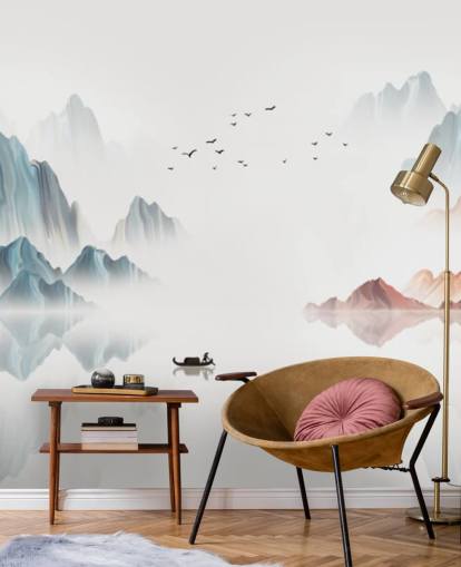 blåt og hvidt orientalsk vægmaleri kaldet Blue Chinese Landscape til soveværelser, stuer og spisestuer