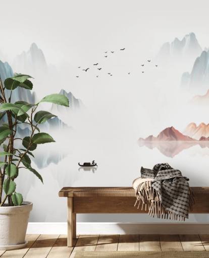 mural oriental azul y blanco llamado Blue Chinese Landscape para dormitorios, salas de estar y comedores