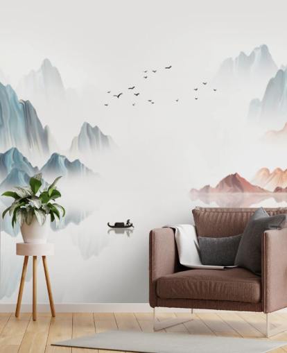 blåt og hvidt orientalsk vægmaleri kaldet Blue Chinese Landscape til soveværelser, stuer og spisestuer