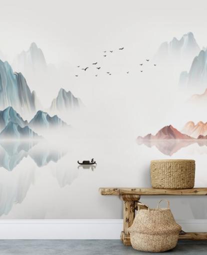 mural oriental azul y blanco llamado Blue Chinese Landscape para dormitorios, salas de estar y comedores