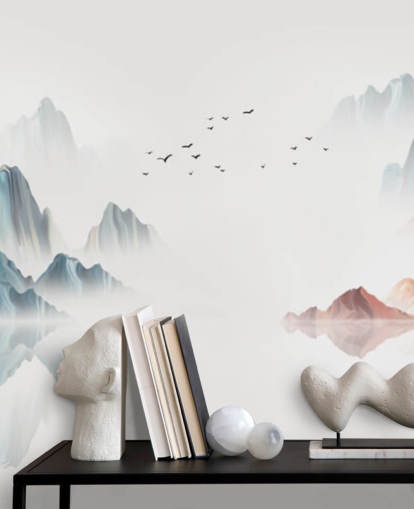 sinivalkoinen itämainen seinämaalaus nimeltä Blue Chinese Landscape makuuhuoneisiin, olohuoneisiin ja ruokasaleihin