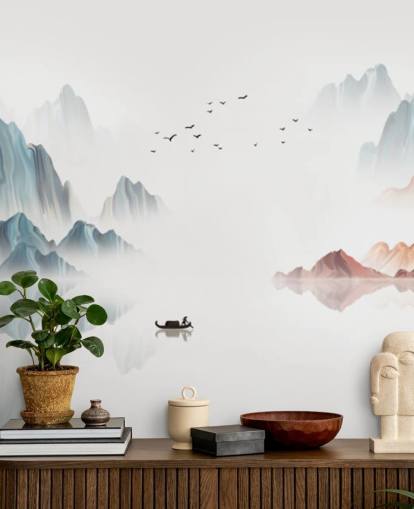 blue and white oriental mural called Blue Chinese Landscape for bedrooms, living rooms and dining rooms