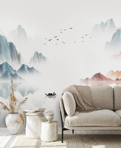 blå och vit orientalisk väggmålning kallad Blue Chinese Landscape för sovrum, vardagsrum och matsalar