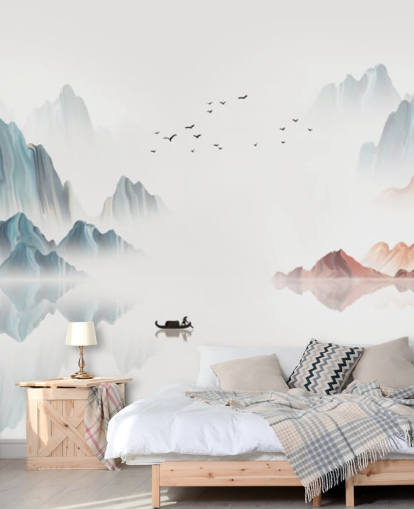 blå och vit orientalisk väggmålning kallad Blue Chinese Landscape för sovrum, vardagsrum och matsalar