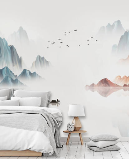 murale orientale blu e bianco chiamato Blue Chinese Landscape per camere da letto, salotti e sale da pranzo