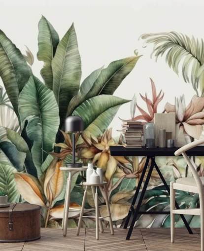 mural de papel pintado de plantas tropicales y selva