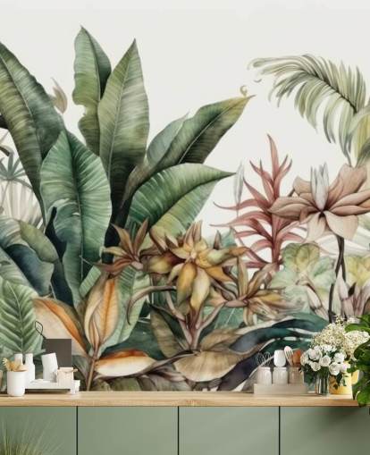 mural de papel de parede de plantas tropicais, selva