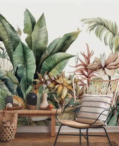 mural de papel pintado de plantas tropicales y selva