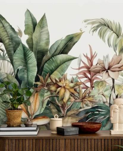 mural de papel pintado de plantas tropicales y selva