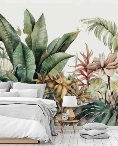 mural de papel pintado de plantas tropicales y selva
