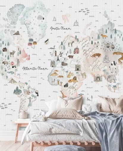 mural de mapa pastel para dormitorio infantil