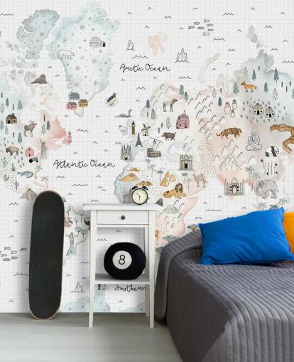 mural de mapa em pastel para quarto de crianças