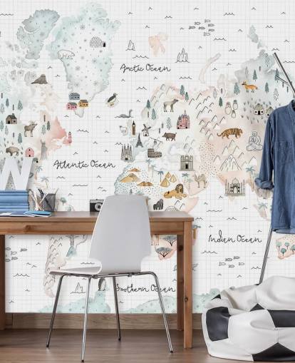 pastel map mural for kids bedroom