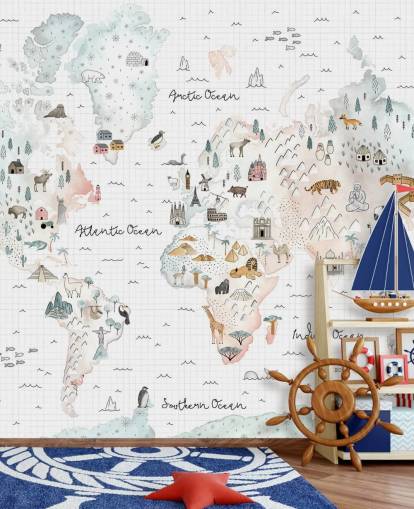 mural de mapa em pastel para quarto de crianças