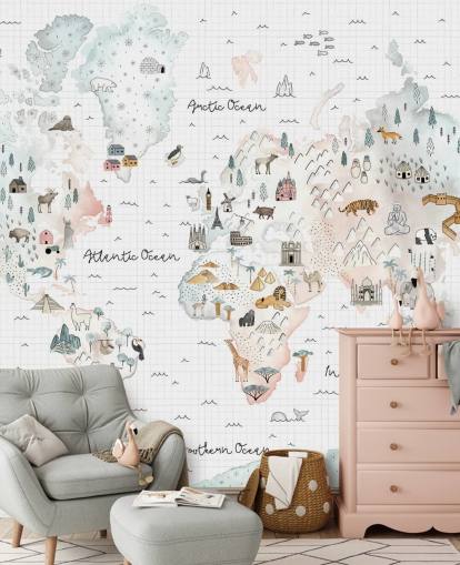 pastel map mural for kids bedroom