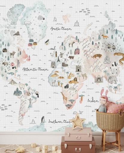 mural de mapa pastel para dormitorio infantil