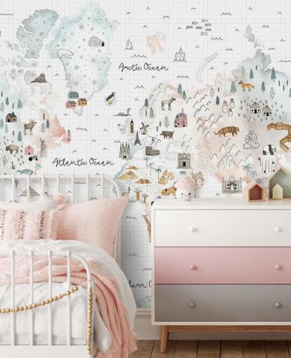 mural de mapa pastel para dormitorio infantil