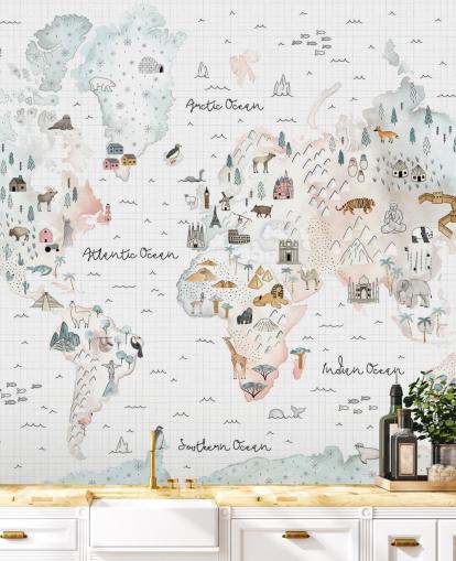 pastel map mural for kids bedroom 