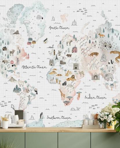 mural de mapa pastel para dormitorio infantil