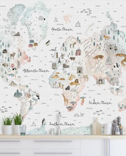 pastel map mural for kids bedroom