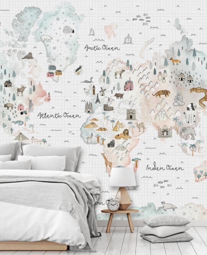 mural de mapa em pastel para quarto de crianças