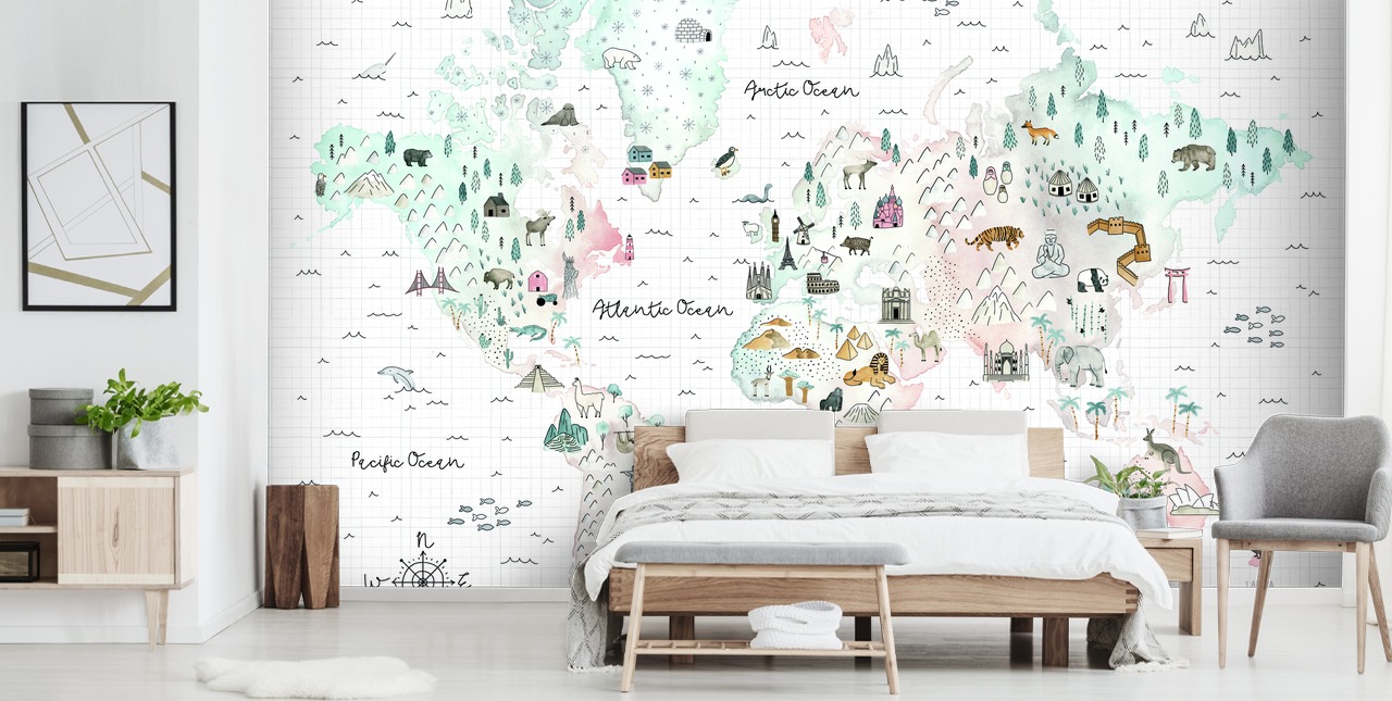 mural de mapa pastel para dormitorio infantil