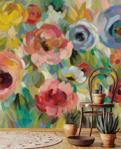 Färgglada blommiga väggmålningar