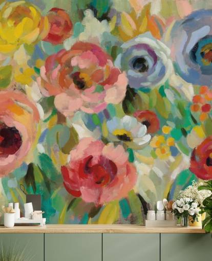 Färgglada blommiga väggmålningar