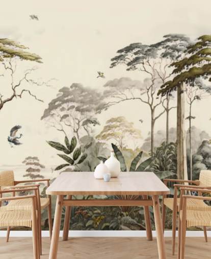 Paisagem florestal com guindastes