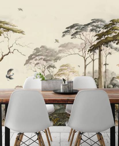 Paisaje forestal con grullas