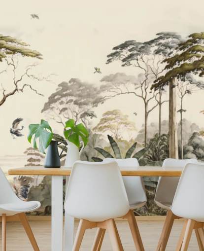 forest landscape with cranes