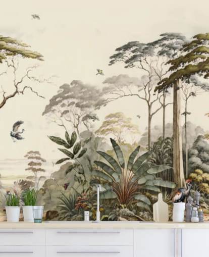 Paisaje forestal con grullas