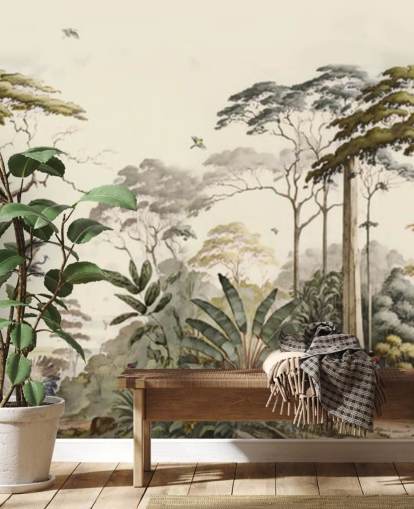 Paisaje forestal con grullas