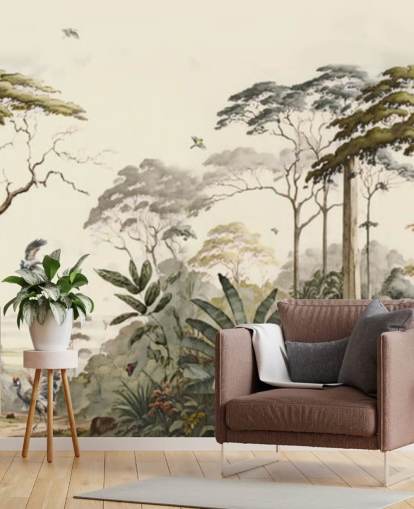 Paisagem florestal com guindastes