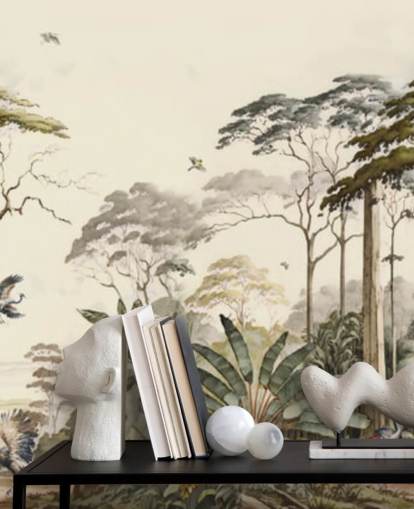 Paisaje forestal con grullas