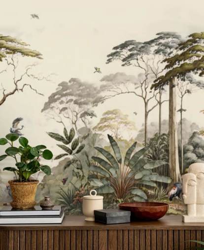 Paisaje forestal con grullas