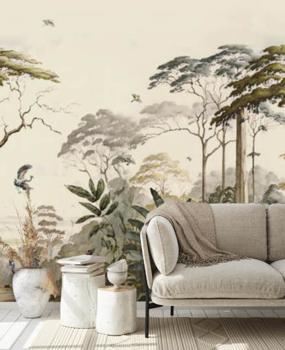 Paisagem florestal com guindastes
