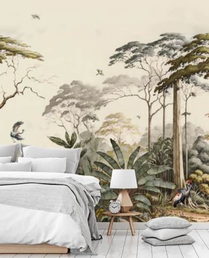 Paisaje forestal con grullas