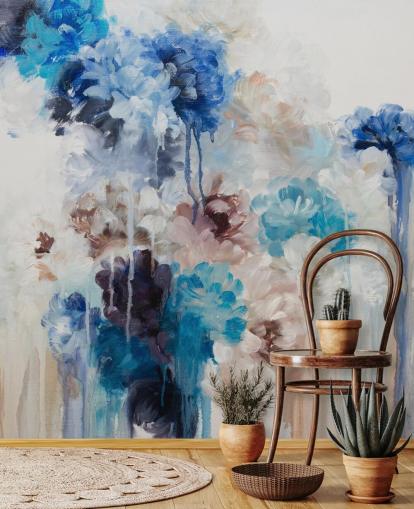 abstrakt blå blomsterveggmaleri