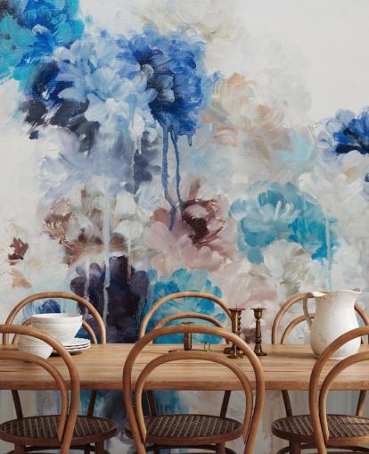 abstrakt blå blomsterveggmaleri