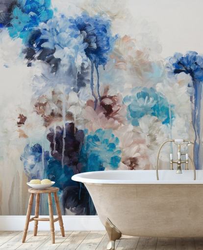 abstract blue floral mural