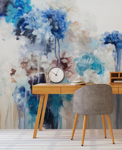 abstract blue floral mural
