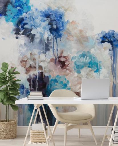 peinture murale florale bleue abstraite