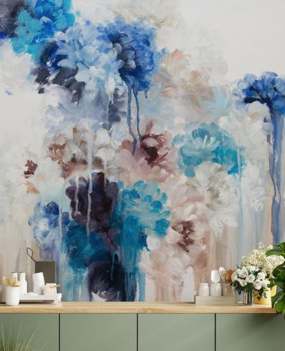 abstrakt blå blommig väggmålning