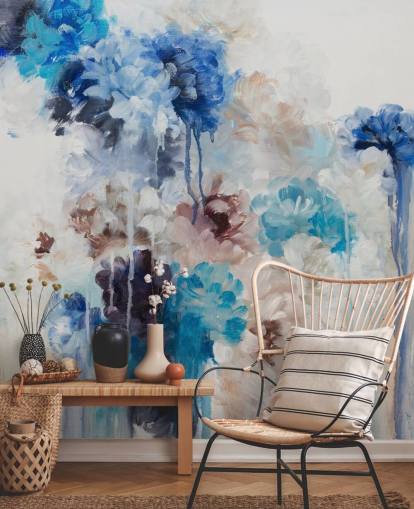 abstract blue floral mural