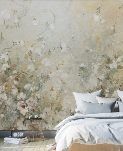 neutral beige blomstertapet vægmaleri